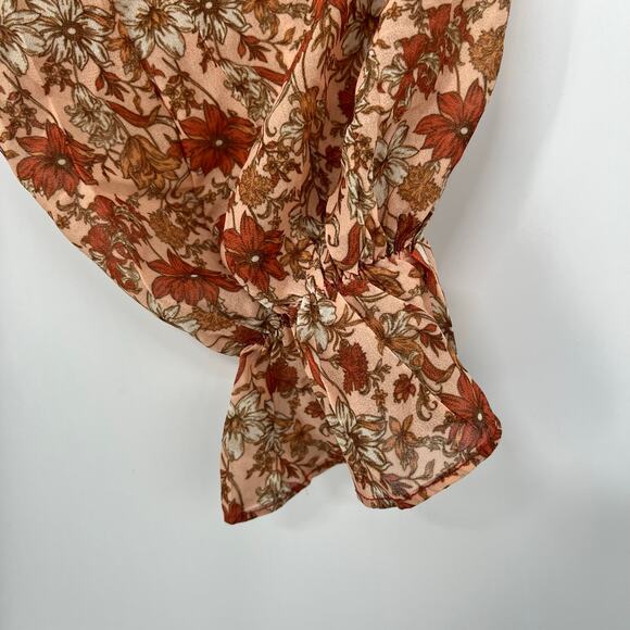 Love Colette Floral Print Peasant Midi Dress Women's Sz M Brown Tiered Tie Waist - Picture 6 of 10